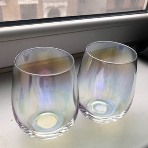 Two iridescent stemless wine gasses